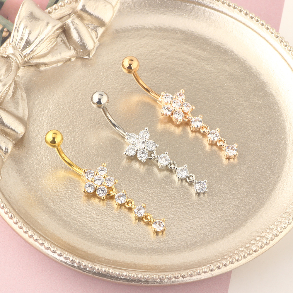 Rose Gold Belly Button Ring Zircon Flower Cartoon Style Body Piercing Jewelry detail image 8