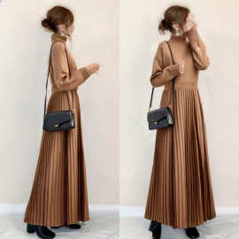 现货日韩连衣裙2024秋冬新款大弹力高领毛织连衣裙女