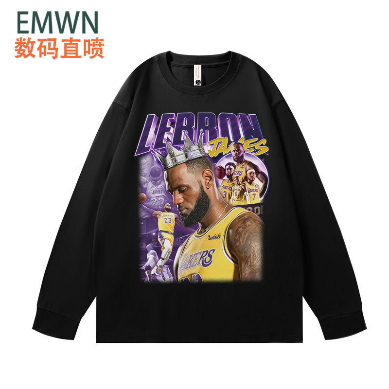 Lakers Lebron James American Heavyweight Loose Cotton T-Shirt Long-Sleeved Bottoming Shirt for Men