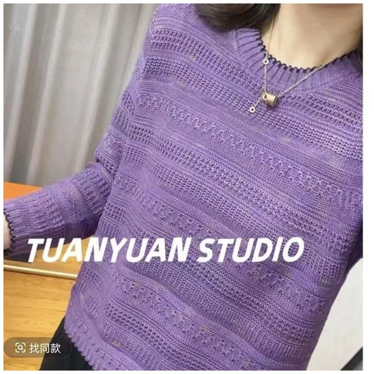 2025 Spring and Autumn New Western Style Loose Base Knitted Sweater Round Neck Hollow Long Sleeve Top Women Sweater Women