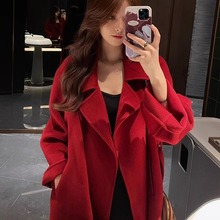红色双面羊绒大衣女2024冬装新款赫本风中长款小个子毛呢大衣外套