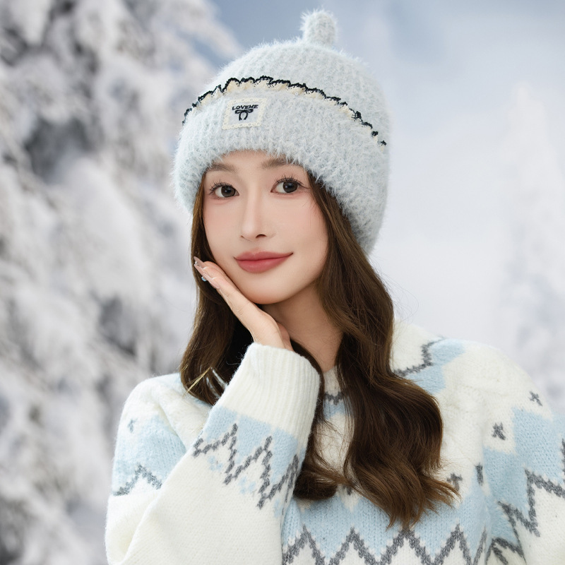 帽子女秋冬百搭保暖花边针织毛线帽韩版户外出行加绒加厚防寒帽新|undefined