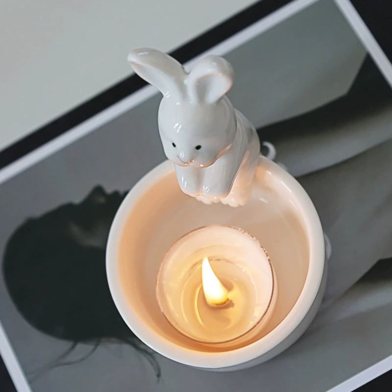 Ceramic rabbit candlestick, Nordic Easter ornament, tea‑light holder, 12×11×12 cm