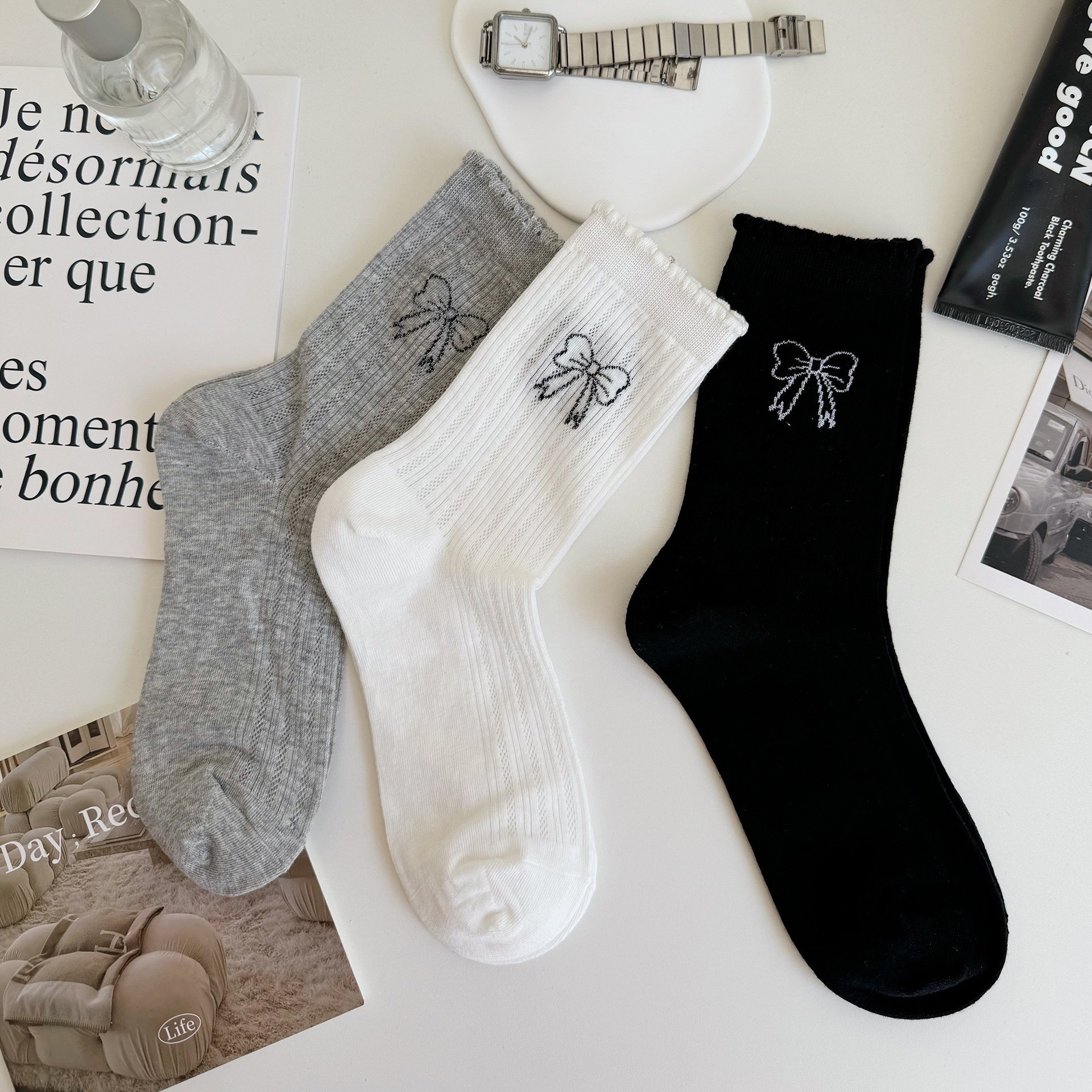 miu風蝴蝶結堆堆襪女夏季灰色中筒襪網眼超薄燙印閃粉ins女襪