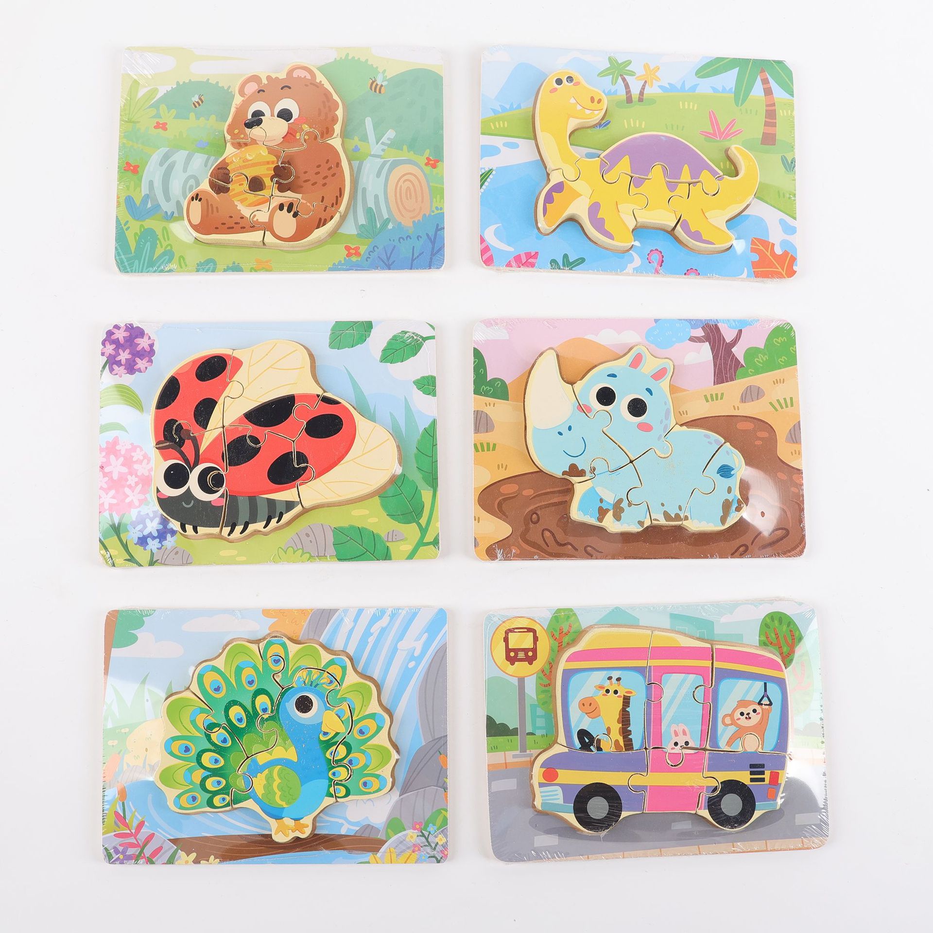 Puzzle de madera plano pequeño puzzle infantil juguetes de dibujos animados animales de tráfico cognitivo bloque al por mayor