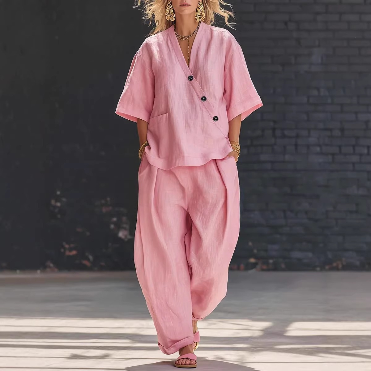 Women's Clothing Women's Solid Color Summer Set V Neck Short Sleeve Top And High Waisted Trousers Two Piece Style Clothing_ecoleips.com