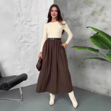 欧美亚马逊跨境女装2025秋季新款纯色圆领长袖气质高腰大摆连衣裙