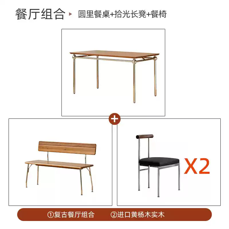 Mesas y sillas de comedor de madera maciza de acero inoxidable medieval Combinación de rectángulo para el hogar, tamaño pequeño, mesa de comedor de estilo retro para 6 personas