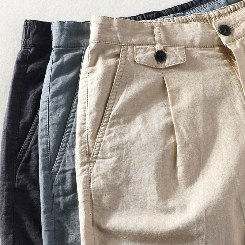 Casual linneshorts för herr med dragsko och elastisk midja_voghion.com