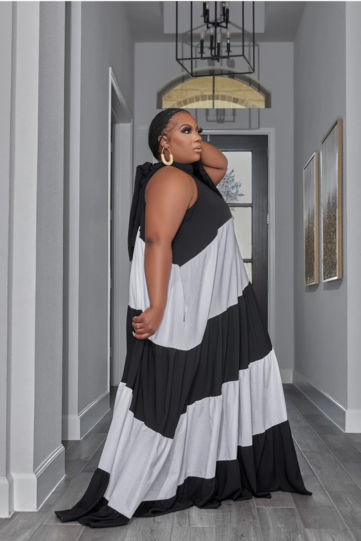 Women's plus-size splicing color contrast long swing dress_voghion.com