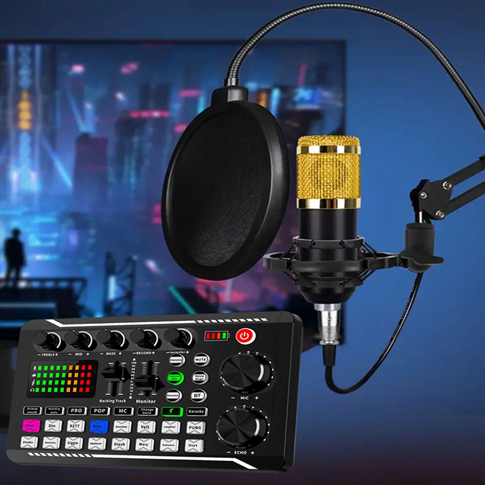 Tarjeta de sonido F998 inalámbrica Bluetooth, equipo de DJ, tarjeta de sonido en vivo con botón RGB, micrófono BM-800 de doble canal