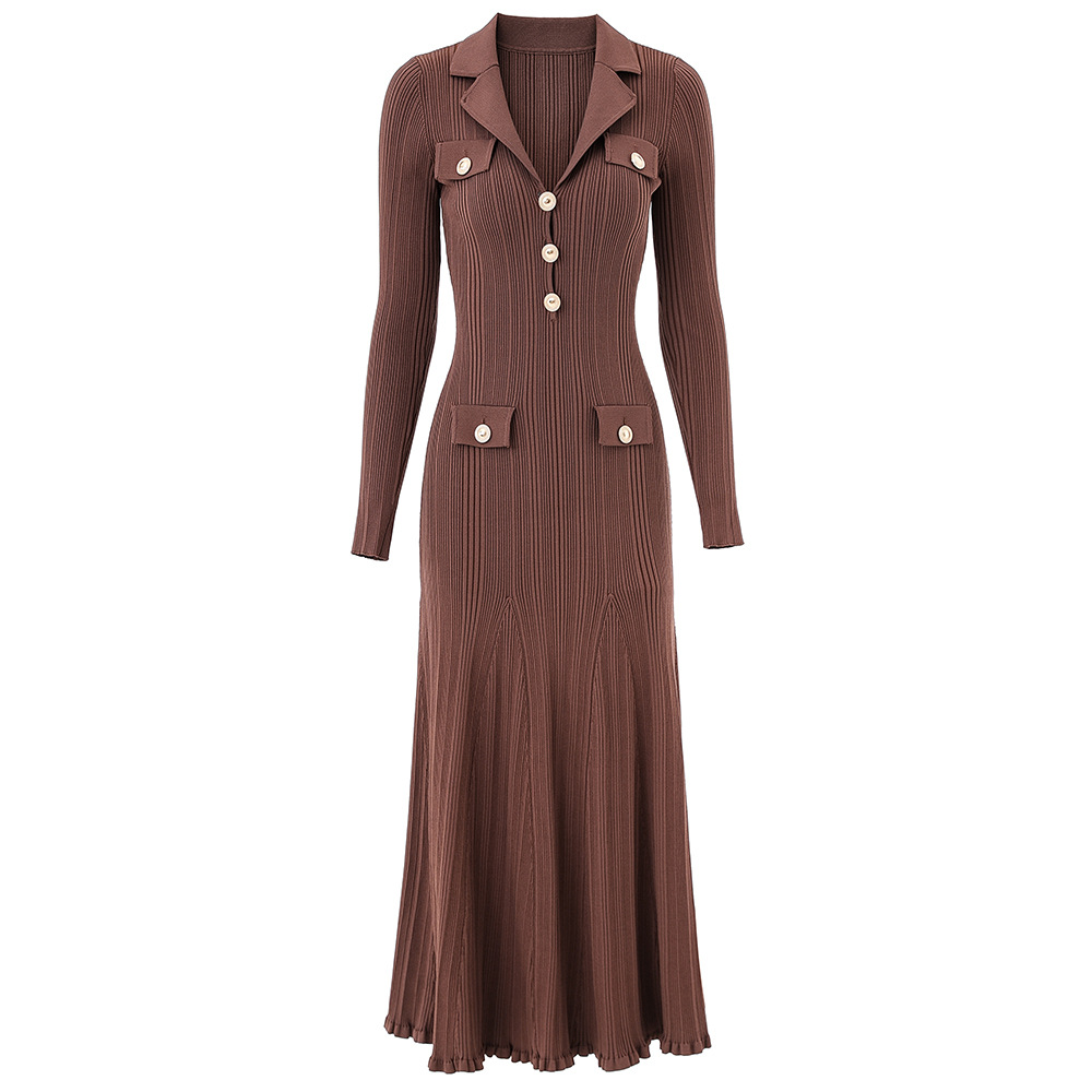 Women's Long Sleeve Blazer Collar Midi Dress Metal Buttons Rib Knit Bodycon Elegant Office Evening Wear Slip Dress_ecoleips.com