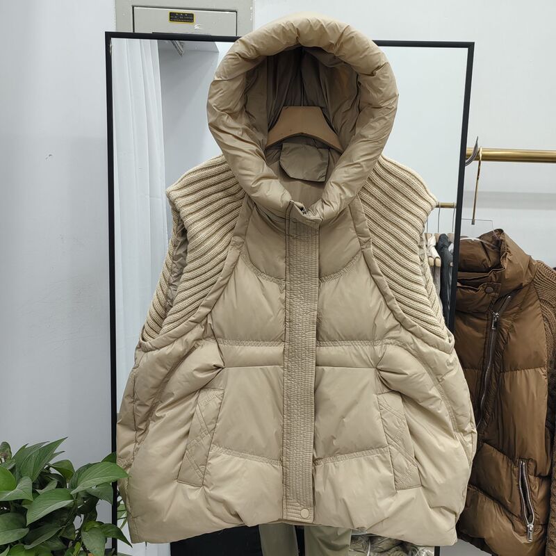 Knitted Hooded Sleeveless Lightweight down Jacket for Women 2026 Winter New Style Spliced White Duck down Vest for Women