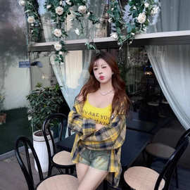 美式hiphop撞色格子长袖衬衫女春秋宽松oversize慵懒风百搭衬衣潮