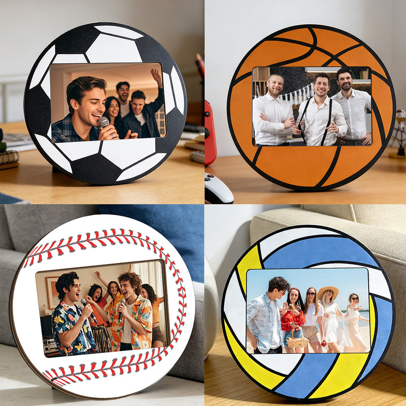 Cross-Border Sports-Themed Wooden Photo Frame in the Shape of Football, Basketball, Baseball, and Volleyball for Desktop Display as a Commemorative Gift