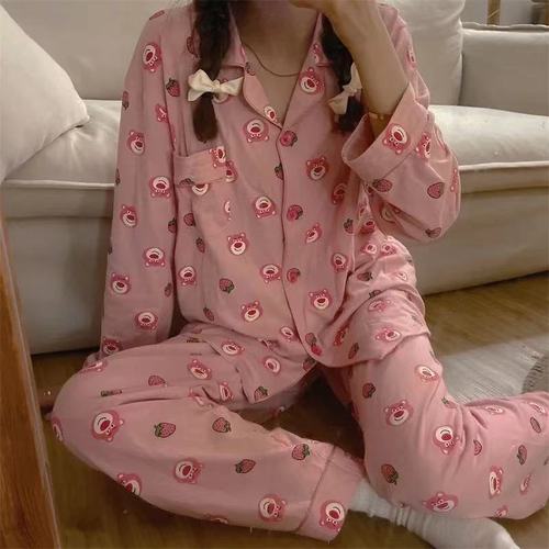 Strawberry Bear Pink Women's Spring and Autumn Winter Loose Cute Cartoon Long Sleeve Long Pants Pajama Set of 2