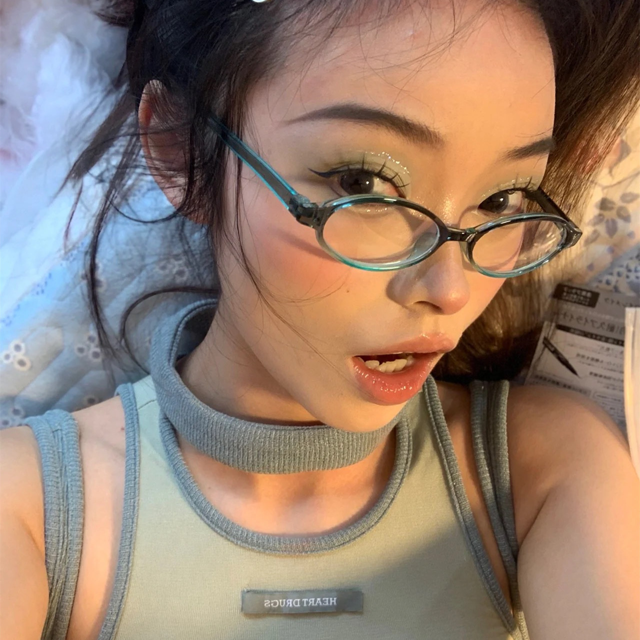 Retro small frame oval gradient blue-green glasses frame without makeup flat glasses can be matched with myopic concave shape for women
