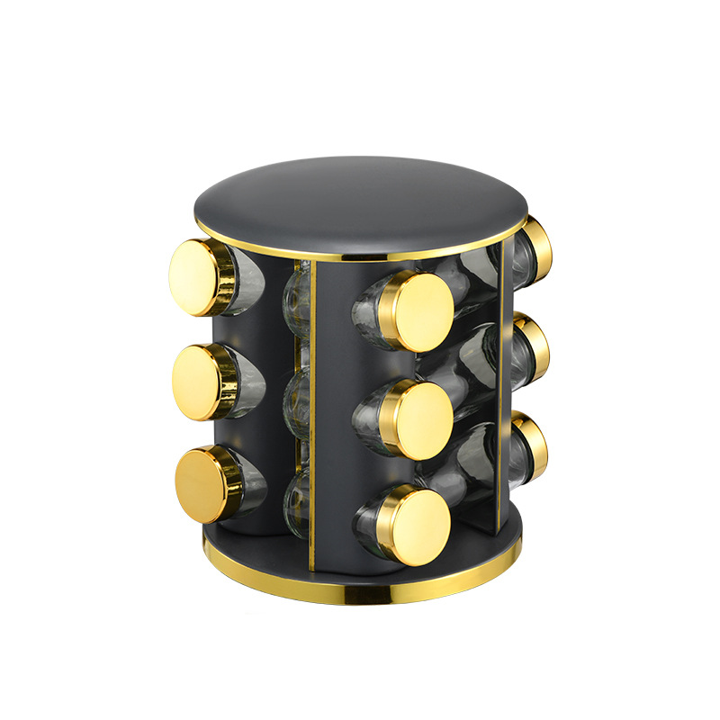 Transfronterizos redondos estantes de condimento de oro para artículos de cocina domésticos botellas de condimento de especias de acero inoxidable bronce fondo blanco