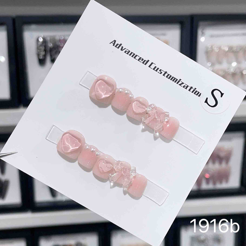 [Children's Wearable Nails] Three-Dimensional Bow Pink Heart Wearable Short Nail Stickers Purely Handmade
