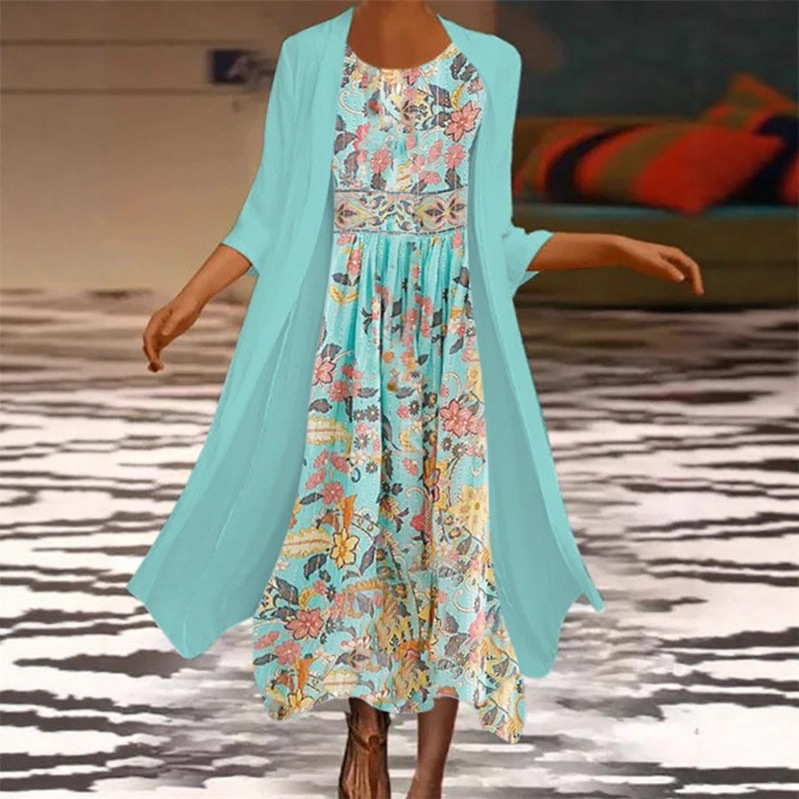 Amazon new cross-border 2021 popular long-sleeved printed cardigan dress chiffon loose waist temperament commuter women's clothing