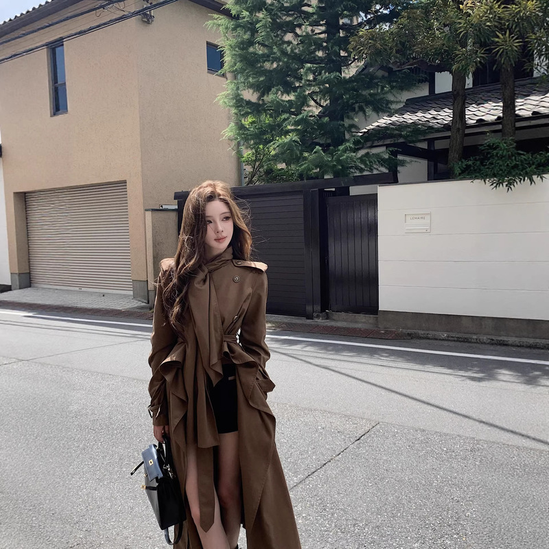 British Style Long Trench Coat for Women, Autumn and Winter, Elegant and High-End, with Irregular Double-Breasted Design