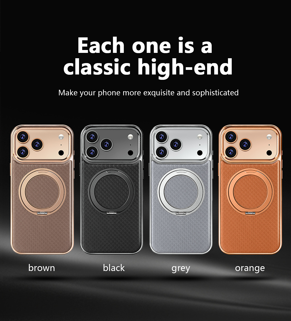 Ốp lưng da iPhone có giá đỡ xoay 360 độ, chống sốc viền dày — đen, xám, màu nâu, quả cam chi tiết 9