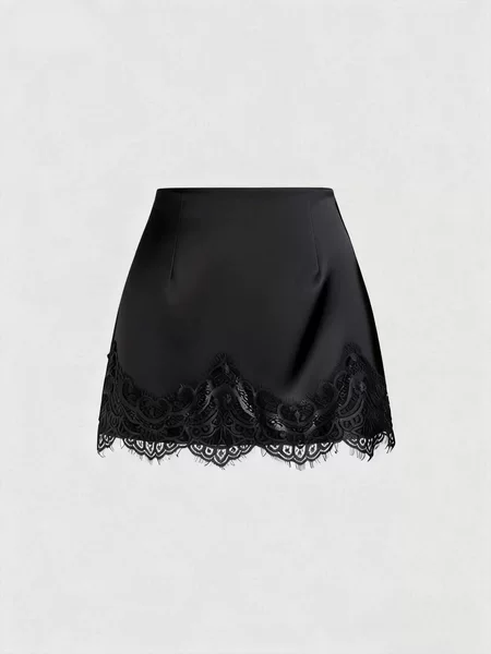 European and American Cross-Border Satin Skirt for Women, Summer High-Waisted Slimming Silky Drape Lace Patchwork Short Skirt