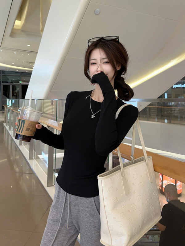韩系正肩修身长袖T恤女2025秋季新款掐腰短款显瘦纯色女装ins上衣|undefined