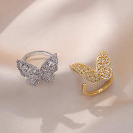 璀璨发光翅膀蝴蝶戒指女开口可调节精致灵动轻奢简约气质时尚指环