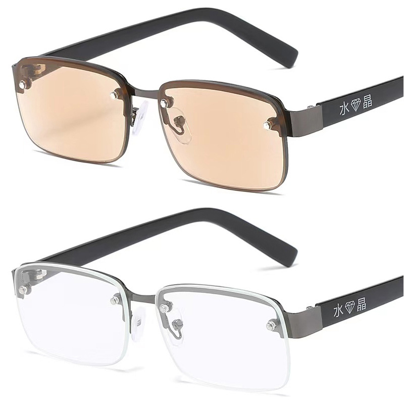 半框水晶老花镜男打孔无框地摊老花眼镜东海水晶玻璃石头镜太阳镜