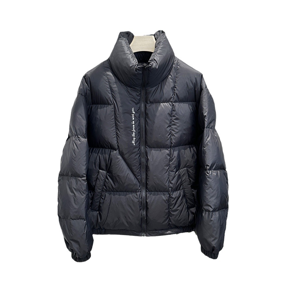 Roupas masculinas Novo casaco Jaqueta masculina espessada com letras impressas Jaqueta plana Gola alta Casaco de estrutura versátil masculino moderno Casaco Spot_voghion.com