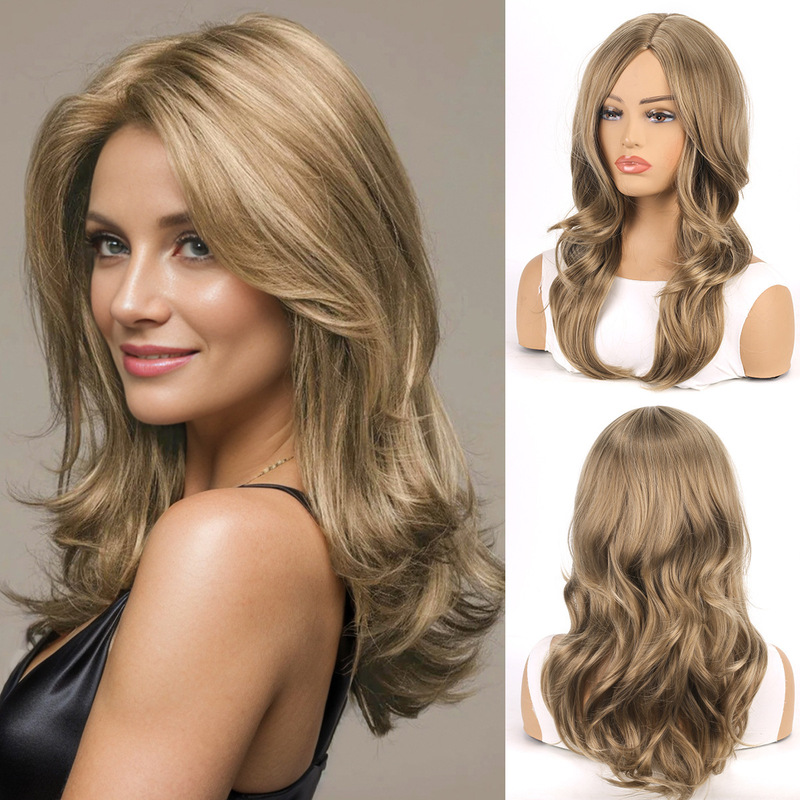 European and American Export Wig Full Headgear for Women with Big Waves, Medium Parted Long Bangs, Long Curly Hair Gradient Synthetic Wig Set Wigs