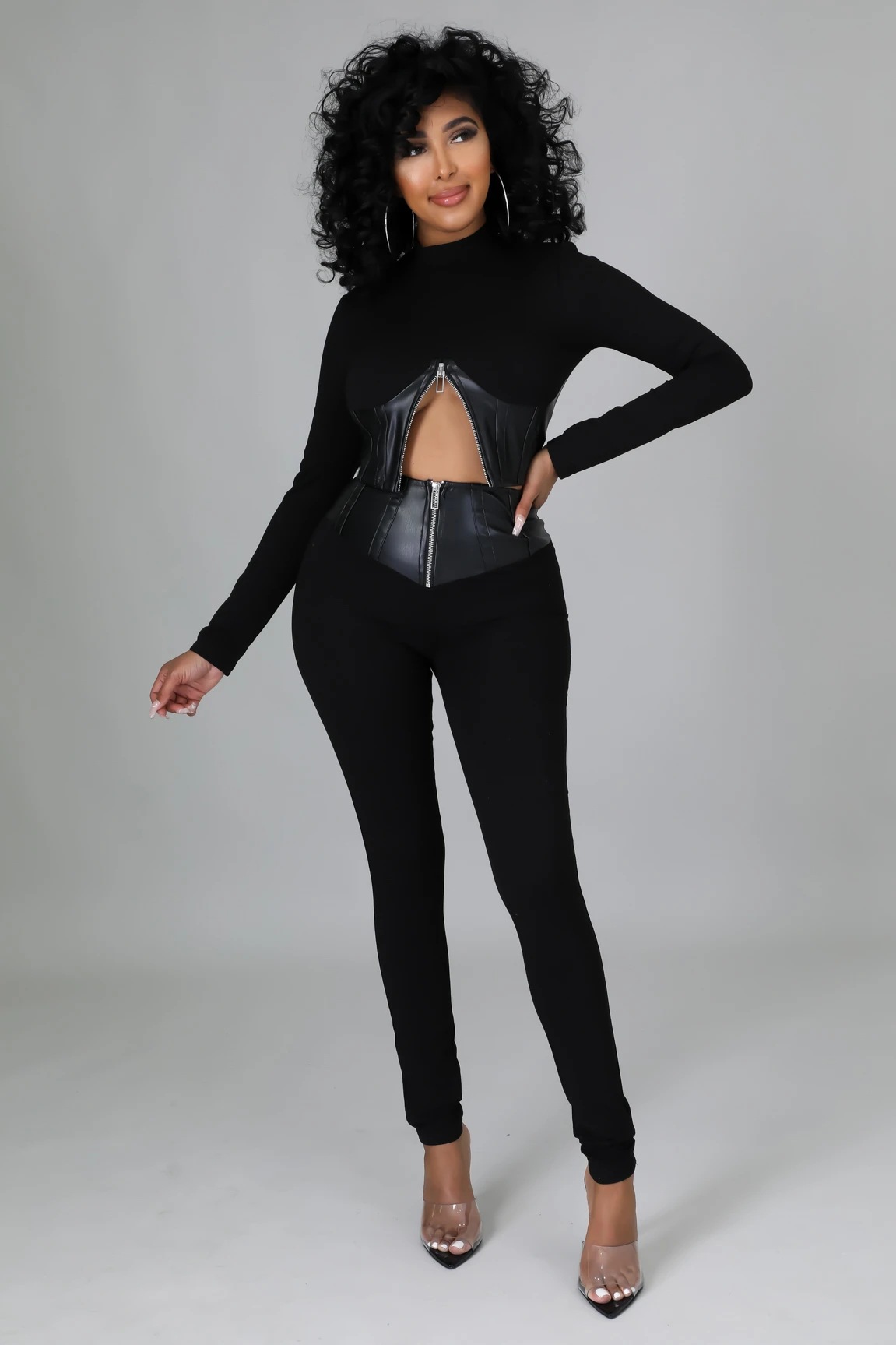 solid color tight-fitting PU leather stitching long-sleeved top and trousers two-piece suit NSXLY138844