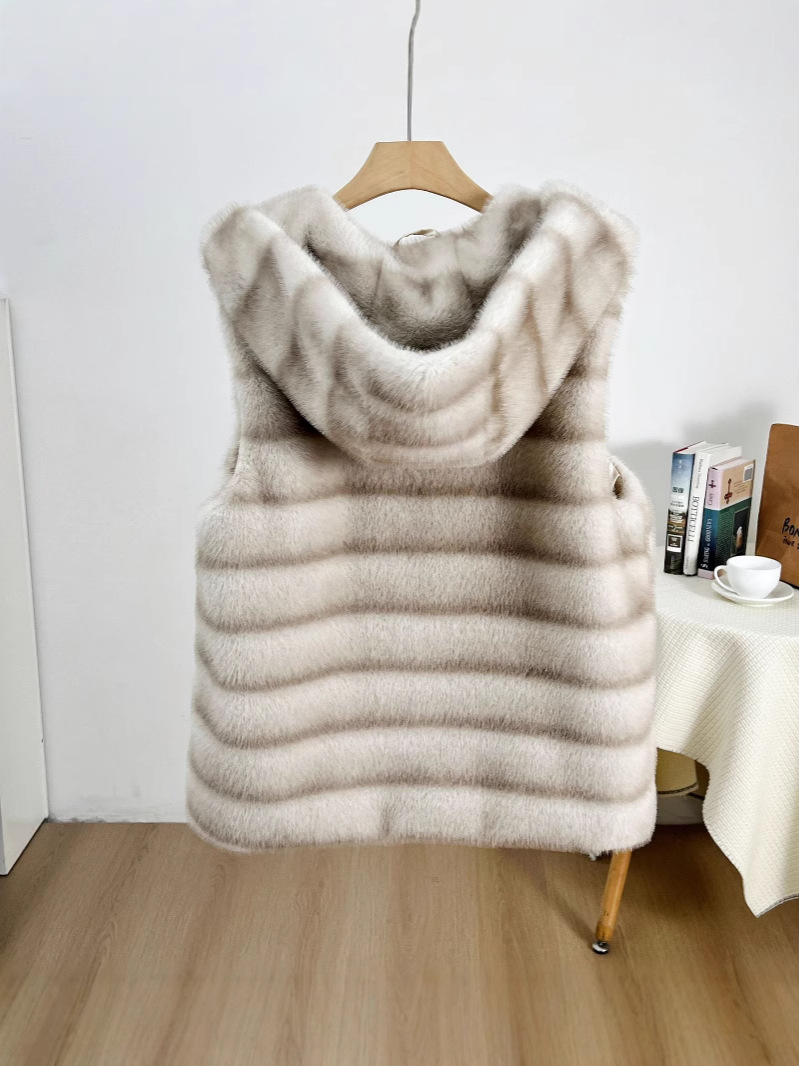 Aliexpress nuevo cinturón de comercio exterior chaleco chaqueta de rayas horizontales de visón chaqueta con capuzas estilo corto delgado