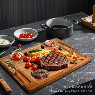 Acacia Wood Western Restaurant Steak Cheese Cutting Board with Knife and Fork Fruit and Vegetable Tray Wooden Tabletop Pizza Plate