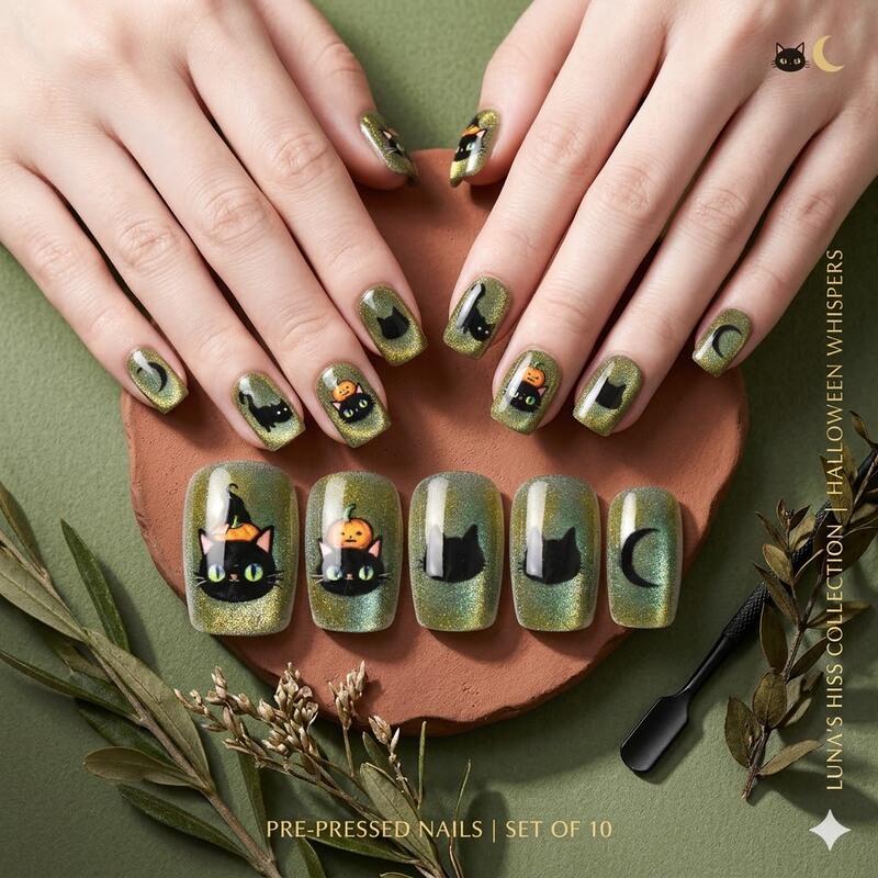 Halloween Manicure New Dark Green Cat Witch Cat Eye Wearable Nails Cross-Border Cute Fake Nails Finished Nail Pieces Wholesale