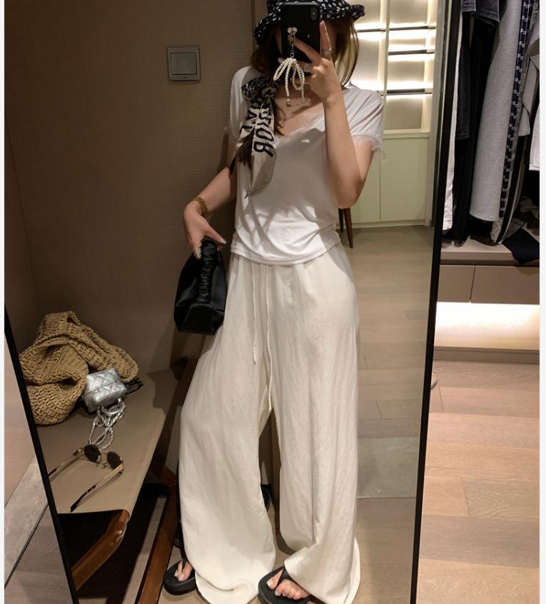 Quần culottes nữ ống rộng cạp chun rút dây chất liệu linen phối tencel dáng dài mùa hè — màu đen, Trà trắng, xanh lam chi tiết 6