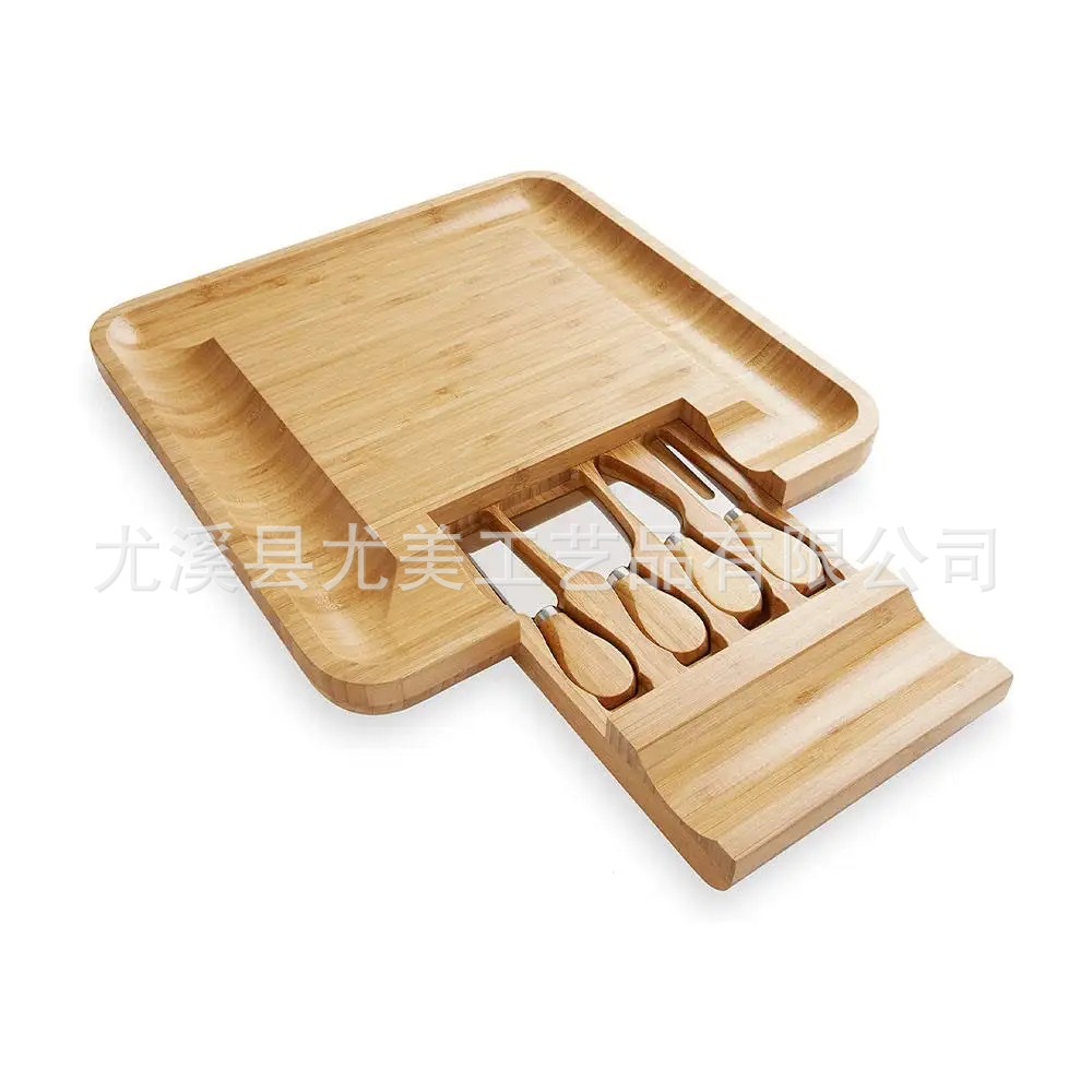 Tablero de queso de bambú transfronterizo traje de queso tablero de corte de cajón cuadrado tablero de pizza con cuatro cuchillos