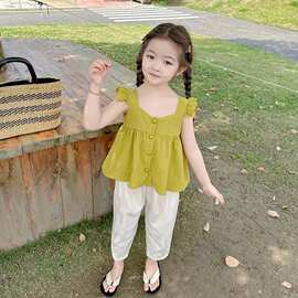 女童夏装韩系小飞袖套装2026新款洋气时髦儿童夏季吊带休闲两件套