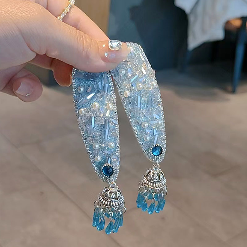 Jewel Blue ~ Healing Flash Diamond Pearl Famous Ethnic Style Fringe Fringe Edge Clip Female Personality Elegant Hairpin Hair Accessories