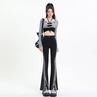 Paige fish tail Split ends Bell-bottoms Color matching Self cultivation 2023 spring and autumn new pattern Retro Elastic force Jeans Show thin