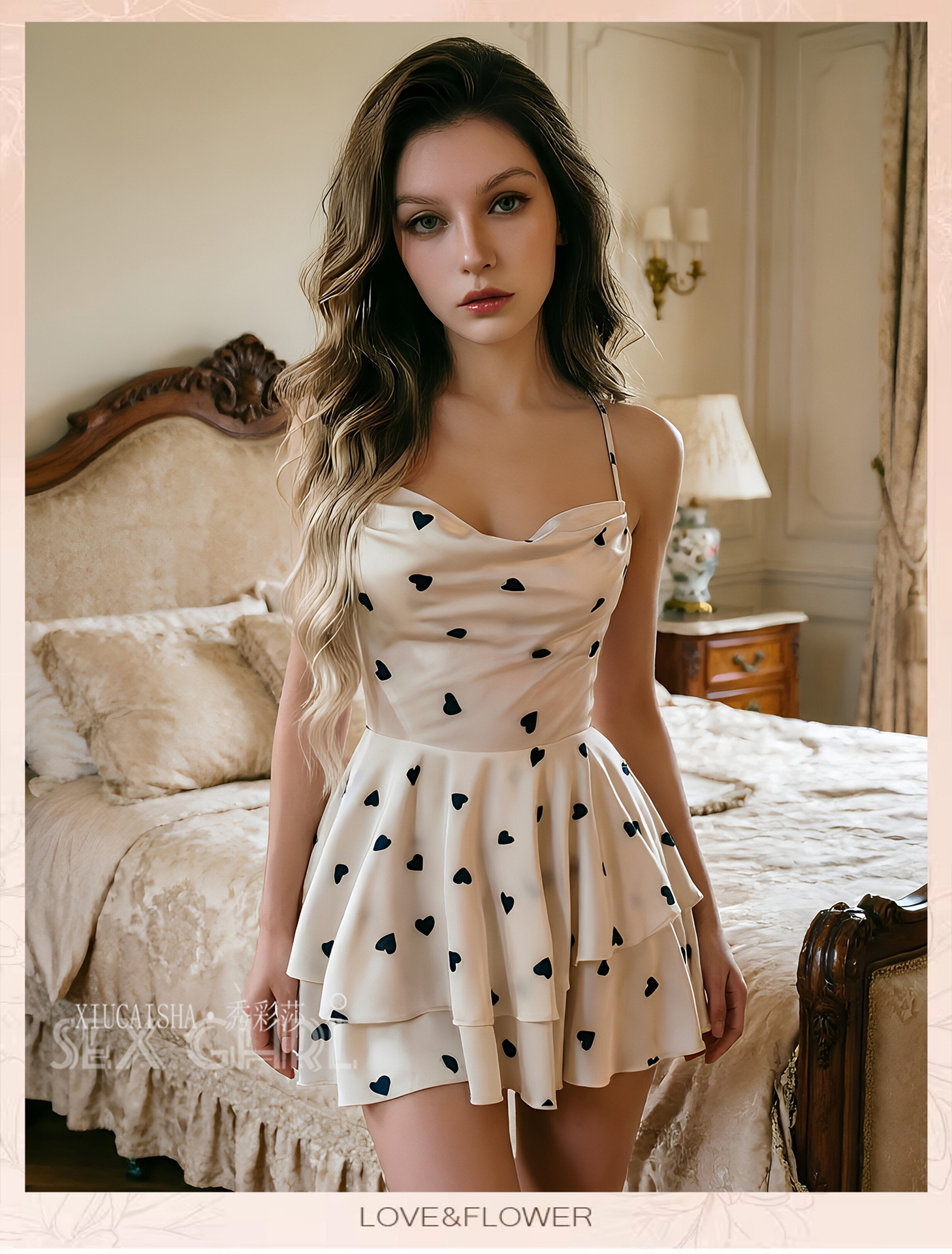 Women’s Two-Piece Ice Silk Nightgown Set, Printed Cami Skirt with Suspenders, White XXL — detail image 1