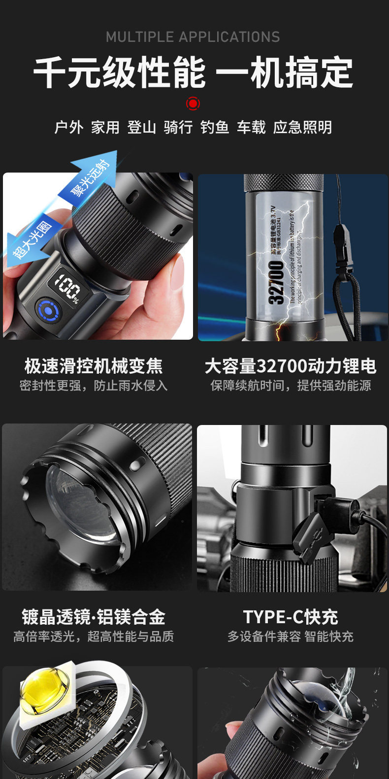 6 New High-Intensity Flashlights, Ultra-Bright, Large-Capacity, Military-Grade, High-Power, Rechargeable, Outdoor, Small and Portable