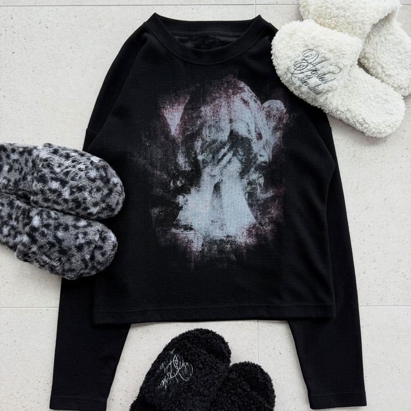 Autumn High Street European and American Ins Style Printed Design Crop Niche Chic Hip-Hop Dark Round Neck T-Shirt