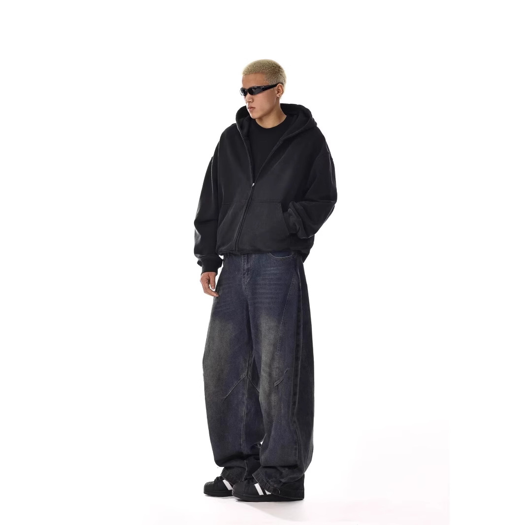 Vintage Washed Deconstructed Scimitar Jeans Men's and Women's Loose Straight American Casual Wide Leg Baggy Trendy Mop Pants