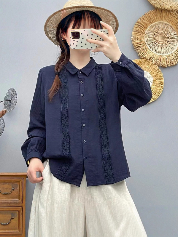 2025 Autumn Shirt Long-Sleeved Lace Double-Layer Yarn Preppy Style Top Loose Casual Preppy Style Shirt