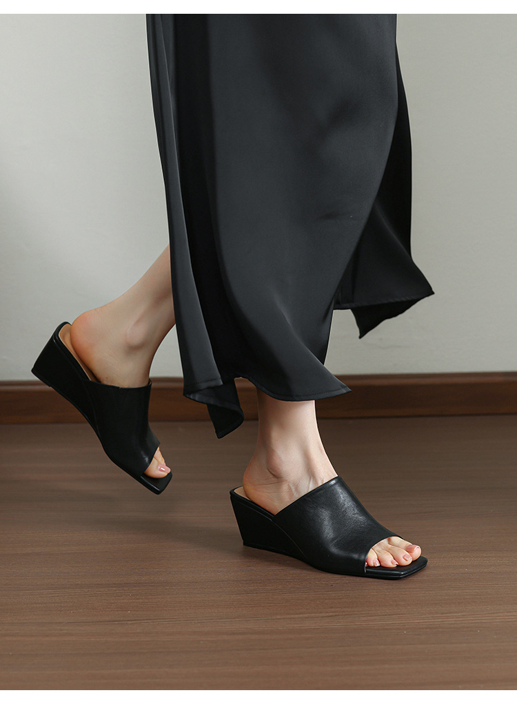Sandal cao gót nữ hở mũi da bò mũi vuông quai ngang đế xuồng — màu đen, Màu caramel chi tiết 8