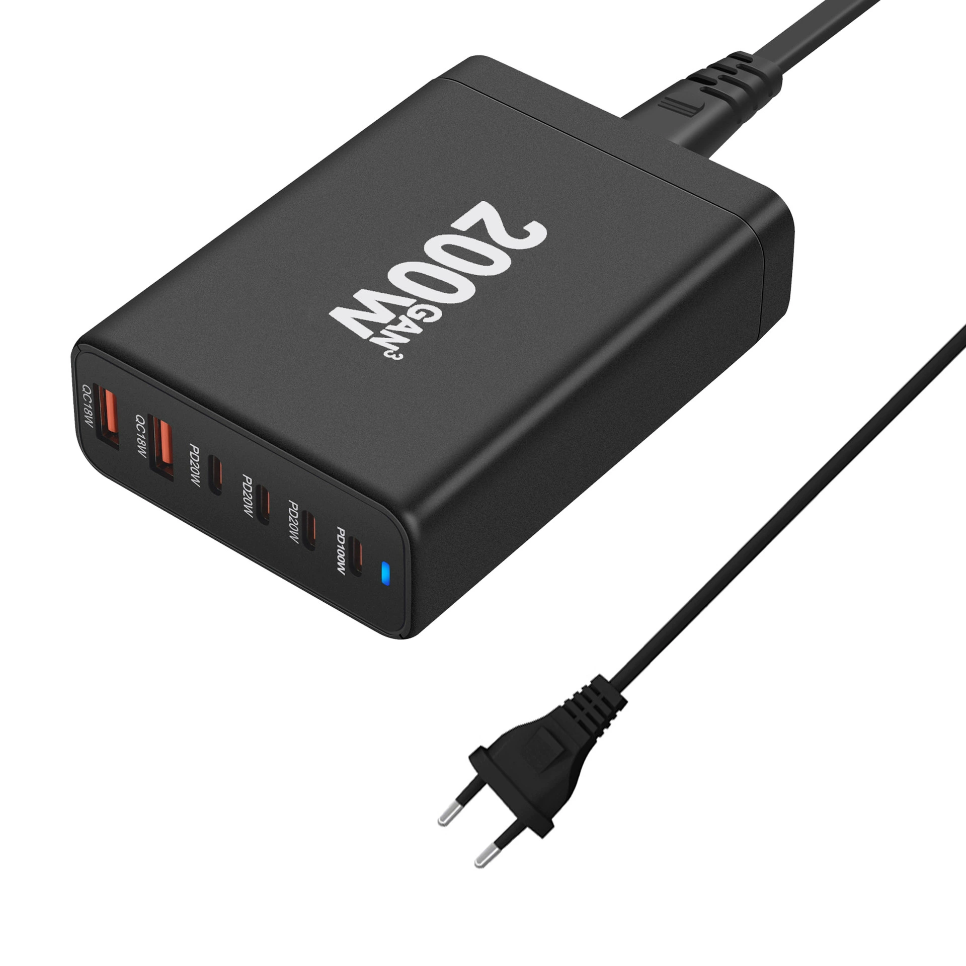 Зарядное устройство GaN на 200W, многоразъемное PD/QC USB-C & USB-A, сменные-plug варианты (US/EU/UK/AU)