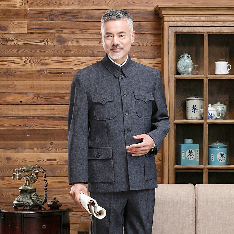 中老年男士爷爷老式中山装秋冬加绒中山服高档套装中式春秋款唐装