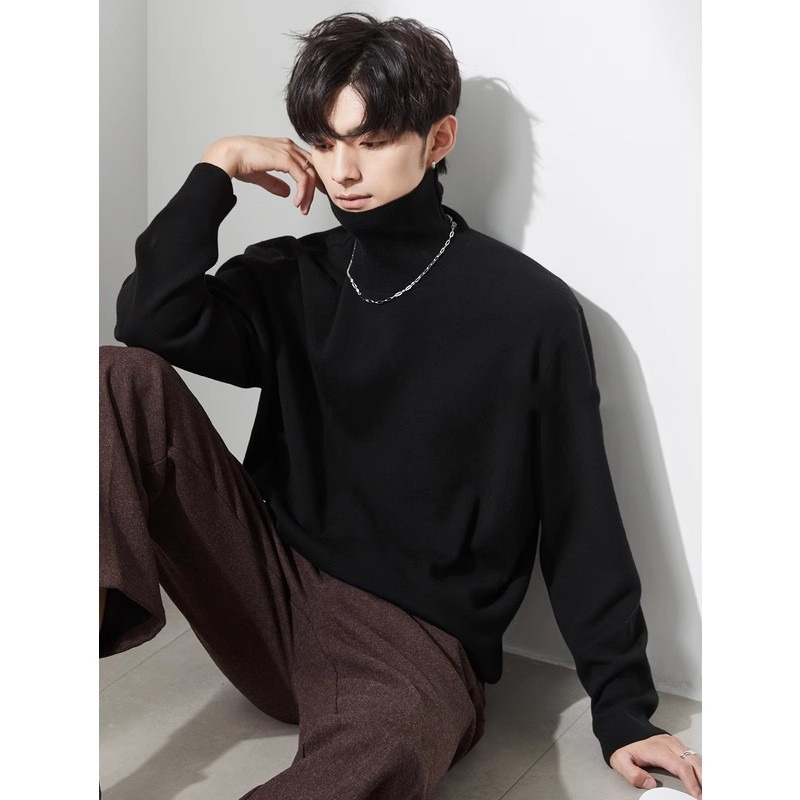 Turtleneck Sweater Men's Autumn and Winter New Inner Thickened Knitted Sweater Long Collar Warm Lapel Wool Clothes